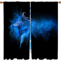Young Beautiful Dancer Jumping Into Blue Powder Cloud Window Curtains 59438248