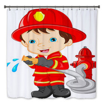 Young Boy Wearing Firefighter Cartoon Bath Decor 84637092