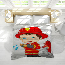 Young Boy Wearing Firefighter Cartoon Bedding 84637092
