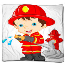 Young Boy Wearing Firefighter Cartoon Blankets 84637092