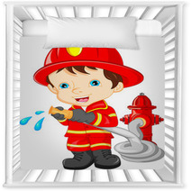 Young Boy Wearing Firefighter Cartoon Nursery Decor 84637092
