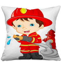 Young Boy Wearing Firefighter Cartoon Pillows 84637092