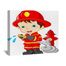 Young Boy Wearing Firefighter Cartoon Wall Art 84637092