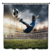 Young Boy With Soccer Ball Doing Flying Kick At Stadium Football Soccer Players In Motion On Green Grass Background Fit Jumping Boy In Action Jump Movement At Game Collage Bath Decor 222948497