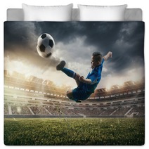 Young Boy With Soccer Ball Doing Flying Kick At Stadium Football Soccer Players In Motion On Green Grass Background Fit Jumping Boy In Action Jump Movement At Game Collage Bedding 222948497