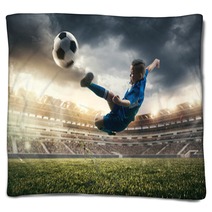 Young Boy With Soccer Ball Doing Flying Kick At Stadium Football Soccer Players In Motion On Green Grass Background Fit Jumping Boy In Action Jump Movement At Game Collage Blankets 222948497
