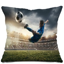 Young Boy With Soccer Ball Doing Flying Kick At Stadium Football Soccer Players In Motion On Green Grass Background Fit Jumping Boy In Action Jump Movement At Game Collage Pillows 222948497