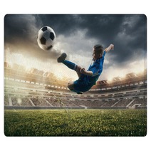 Young Boy With Soccer Ball Doing Flying Kick At Stadium Football Soccer Players In Motion On Green Grass Background Fit Jumping Boy In Action Jump Movement At Game Collage Rugs 222948497