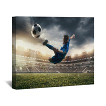 Young Boy With Soccer Ball Doing Flying Kick At Stadium Football Soccer Players In Motion On Green Grass Background Fit Jumping Boy In Action Jump Movement At Game Collage Wall Art 222948497