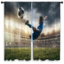 Young Boy With Soccer Ball Doing Flying Kick At Stadium Football Soccer Players In Motion On Green Grass Background Fit Jumping Boy In Action Jump Movement At Game Collage Window Curtains 222948497
