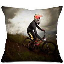 Young Man Riding A Mountain Bike Downhill Style Pillows 41022198