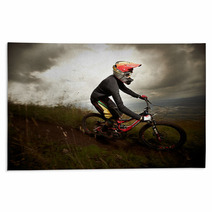 Young Man Riding A Mountain Bike Downhill Style Rugs 41022198
