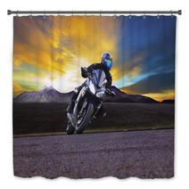 Young Man Riding Motorcycle In Asphalt Road Curve With Rural And Bath Decor 66558951