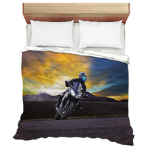 Young Man Riding Motorcycle In Asphalt Road Curve With Rural And Bedding 66558951