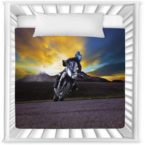 Young Man Riding Motorcycle In Asphalt Road Curve With Rural And Nursery Decor 66558951