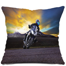 Young Man Riding Motorcycle In Asphalt Road Curve With Rural And Pillows 66558951