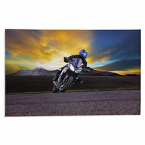 Young Man Riding Motorcycle In Asphalt Road Curve With Rural And Rugs 66558951