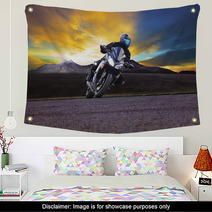 Young Man Riding Motorcycle In Asphalt Road Curve With Rural And Wall Art 66558951