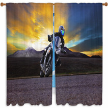 Young Man Riding Motorcycle In Asphalt Road Curve With Rural And Window Curtains 66558951