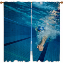 Young Man Swimming In Pool Window Curtains 102063205