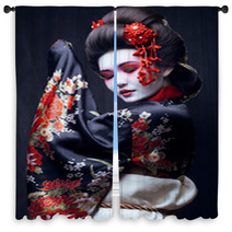 Young Pretty Geisha In Kimono Window Curtains 68653402