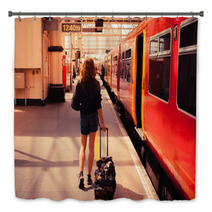 Young Woman About To Board A Train Bath Decor 64999128