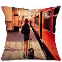 Young Woman About To Board A Train Pillows 64999128