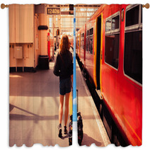 Young Woman About To Board A Train Window Curtains 64999128