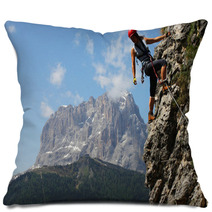 Young Woman Climbing In The Dolomits, Italy Pillows 30929496