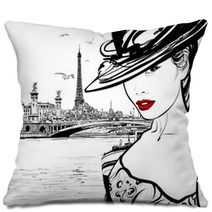 Young Woman Near The Seine River In Paris Pillows 68627180