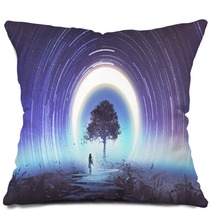 Young Woman Playing Guitar For The Magic Tree Against Star Trails And The Moon In The Sky Digital Art Style Illustration Painting Pillows 214454770