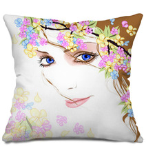 Young Woman With Flowers 2 Pillows 39002533