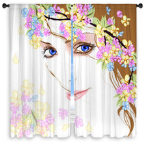 Young Woman With Flowers 2 Window Curtains 39002533