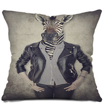 Zebra In Clothes Concept Graphic In Vintage Style Pillows 130655599