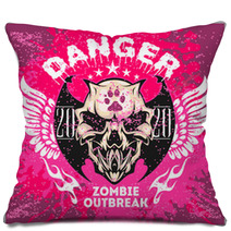 Zombi Apocalypse Emblem With Skull On Grunge Background Pillows 123993549