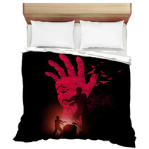 Zombie Night A Zombie Hand Rising Up With Zombies Walking Halloween Vector Illustration Bedding 93451715