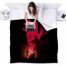 Zombie Night A Zombie Hand Rising Up With Zombies Walking Halloween Vector Illustration Blankets 93451715