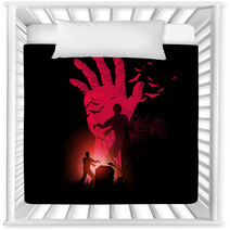 Zombie Night A Zombie Hand Rising Up With Zombies Walking Halloween Vector Illustration Nursery Decor 93451715