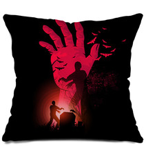 Zombie Night A Zombie Hand Rising Up With Zombies Walking Halloween Vector Illustration Pillows 93451715