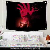 Zombie Night A Zombie Hand Rising Up With Zombies Walking Halloween Vector Illustration Wall Art 93451715