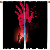 Zombie Night A Zombie Hand Rising Up With Zombies Walking Halloween Vector Illustration Window Curtains 93451715