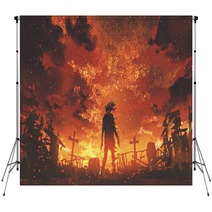 Zombie Walking In The Burnt Cemetery With Burning Sky Digital Art Style Illustration Painting Backdrops 171073878