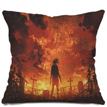 Zombie Walking In The Burnt Cemetery With Burning Sky Digital Art Style Illustration Painting Pillows 171073878