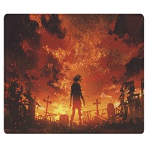 Zombie Walking In The Burnt Cemetery With Burning Sky Digital Art Style Illustration Painting Rugs 171073878