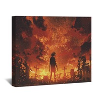 Zombie Walking In The Burnt Cemetery With Burning Sky Digital Art Style Illustration Painting Wall Art 171073878