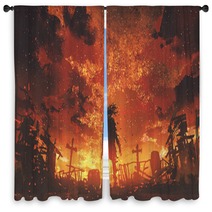 Zombie Walking In The Burnt Cemetery With Burning Sky Digital Art Style Illustration Painting Window Curtains 171073878