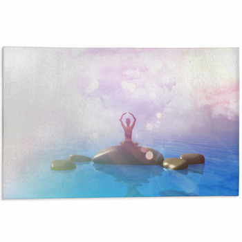 3d Female In Yoga Position In Ocean With Retro Area Rug