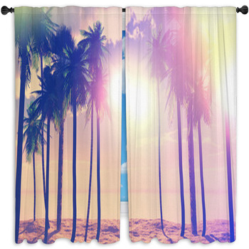 3d Palm Trees And Ocean With Vintage Window Curtain