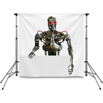 3D Render Of A Chrome Robot With Pole Pocket Backdrop
