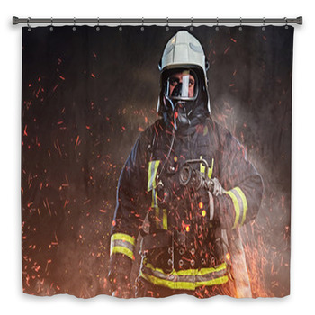 A Firefighter Dressed In A Uniform In A Shower Curtain